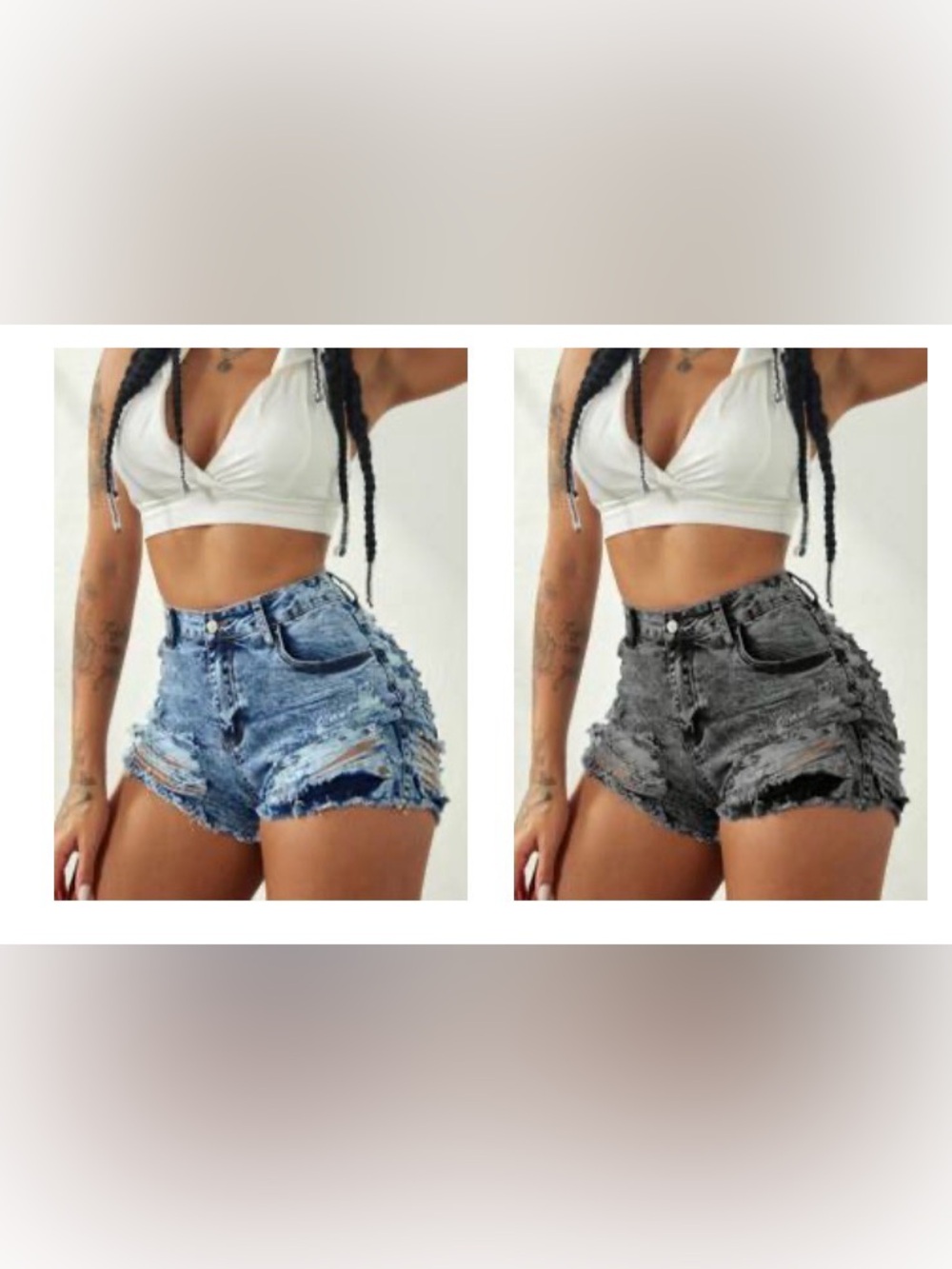SHEIN Light Blue & Black Distressed High-Waist Jean Shorts